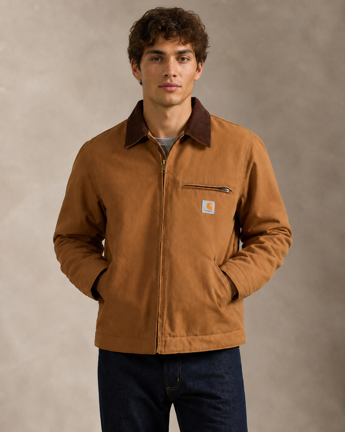 Model wearing a tan workwear jacket with dark denim